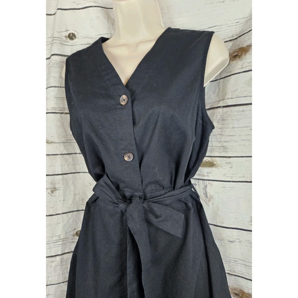 Barbour Elsie Black Linen Blend Shirt Dress US 8 Sleeveless Tie Belt Midi - Picture 3 of 8